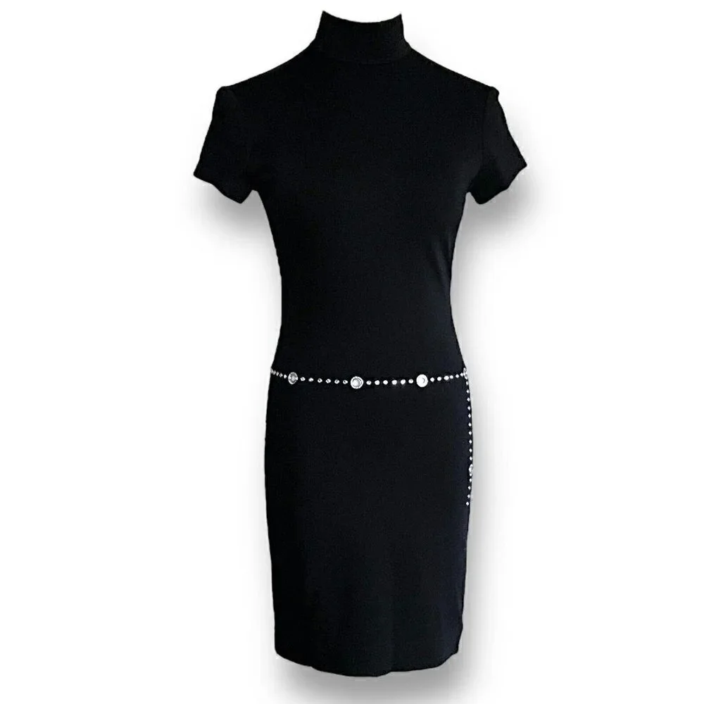 Vintage 90s Tadashi Dress XSP XS Petite Black Bodycon Mock Neck Rhinestone Belt